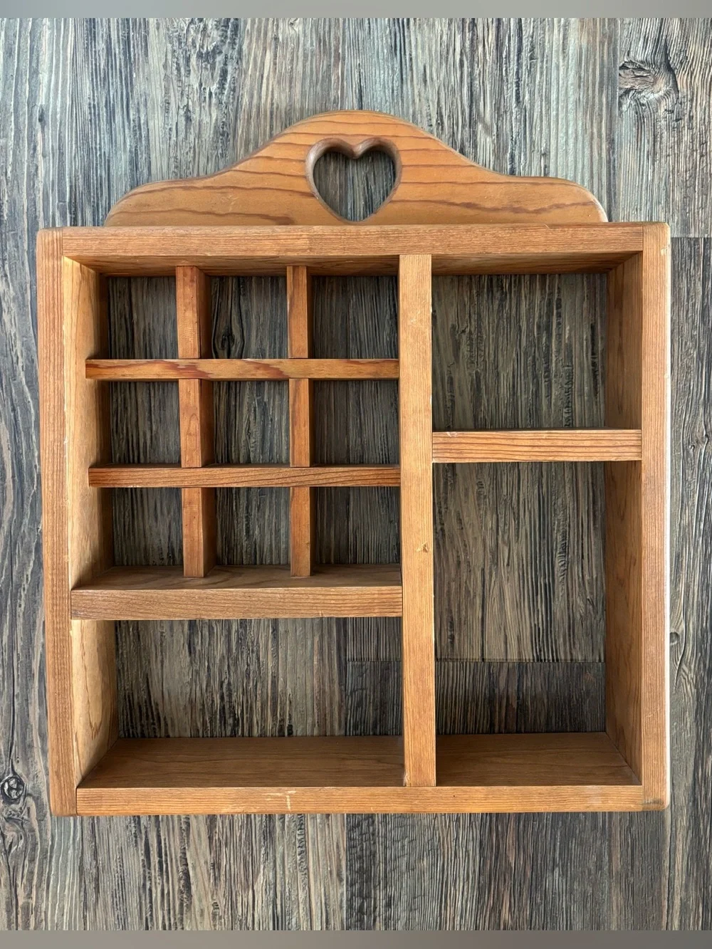 Heart Cutout Divided Trinket Display Wood Wall Shelf Country Farm Cottage 90s